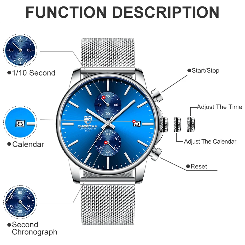 Mens New CHEETAH Top Brand nehrđajućeg čelika i vodootporan kronograf sat muške poslovne plavi Kvarc ručni sat reloj hombre
